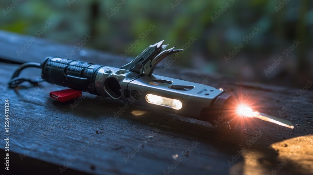 Multi-tool with light on wooden surface. Multi-tool with light on wooden surface.