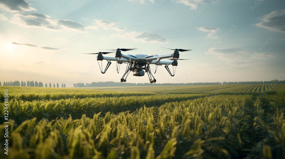 Autonomous drone robot flying over an agricultural field capturing aerial data and imagery for precision farming and land management Autonomous drone robot flying over an agricultural field capturing aerial data and imagery for precision farming and land management
