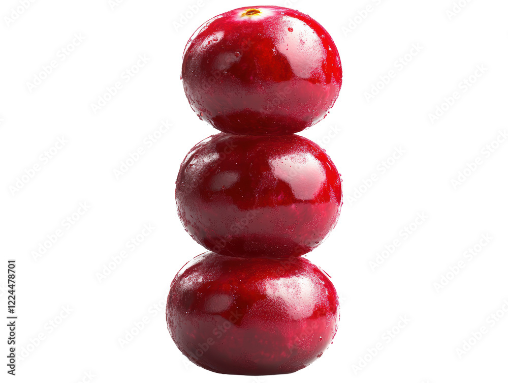 Isolated Three Cherries Stacked Vertically with Dew Isolated Three Cherries Stacked Vertically with Dew
