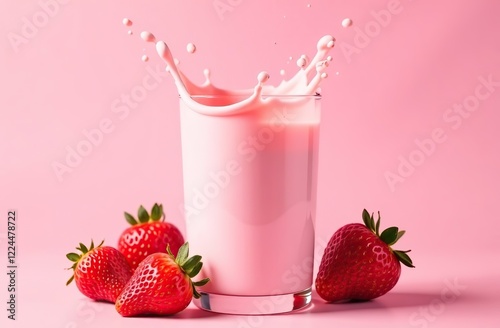 Fresh Strawberry Milk with Splash Design Mockup 