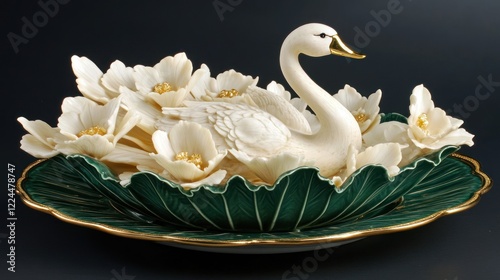 Fototapeta Naklejka Na Ścianę i Meble -  Elegant porcelain swan amidst blossoms on a green leaf-shaped dish.