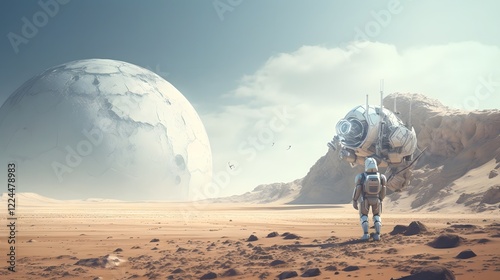 Futuristic robotic explorer traversing a vast barren alien landscape in search of the unknown  A lone mechanical rover navigates the desolate photo