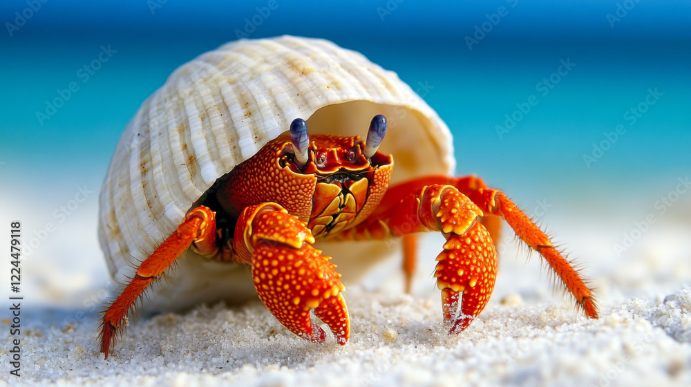 Fototapeta premium Close-up of a hermit crab in its shell on a sandy beach with blue water