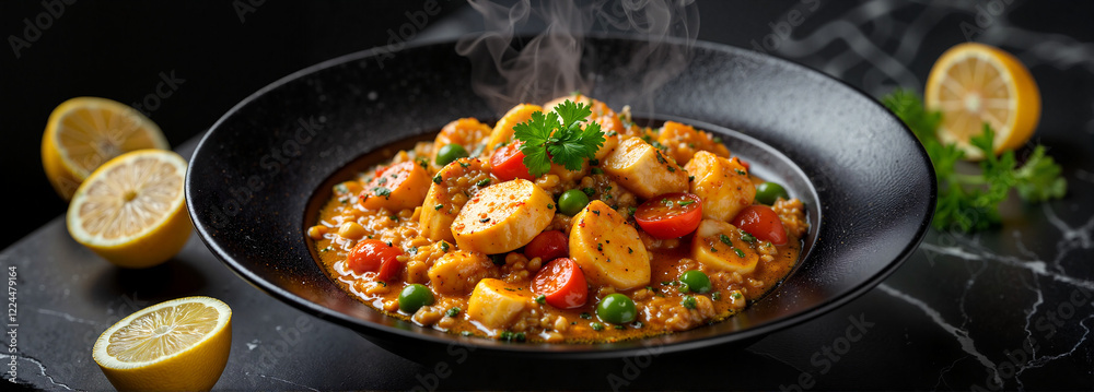 Delicious Moqueca served in elegant gourmet kitchen, culinary artistry Delicious Moqueca served in elegant gourmet kitchen, culinary artistry