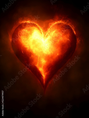 Burning heart, fiery passion, dark background, love concept, graphic design