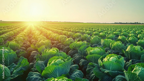 Sunset over a vast cabbage field