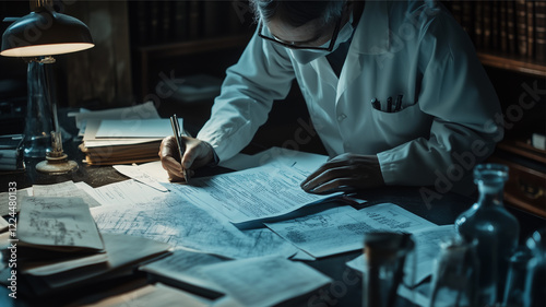A forensic doctor is writing a case report at a table with many documents. AI generated images.	