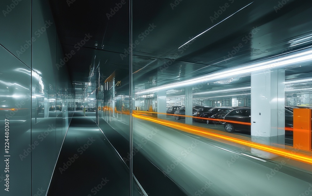 Modern parking garage with illuminated pathways and moving vehicles creating dynamic light trails Modern parking garage with illuminated pathways and moving vehicles creating dynamic light trails