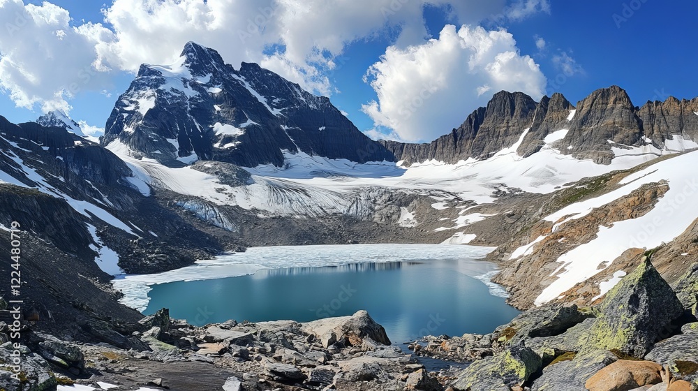 Fototapeta premium The image depicts a snowy mountain range in a natural landscape. The scene includes snow-covered peaks, a glacier, and a glacial lake. Tags: nature, mountain, landscape, snow, glacier, lake, winter.
