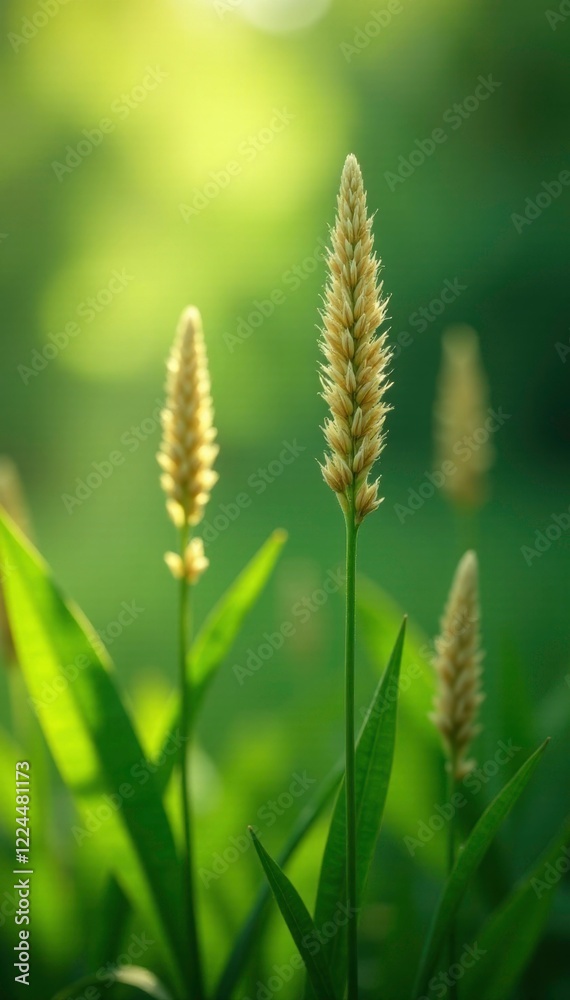 Softly lit reed flowers peek through a curtain of green leaves, reeds, light, serene Softly lit reed flowers peek through a curtain of green leaves, reeds, light, serene