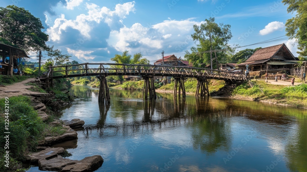 Fototapeta premium Wooded bridge over the river in Sangkhlaburi District, Kanchanaburi, Thailand. And is a major tourist attraction of Thailand