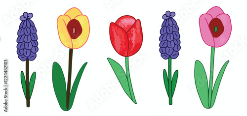 Spring Blossoms Sticker Pack with Tulips, Daffodils, and Hyacinths in cartoon style