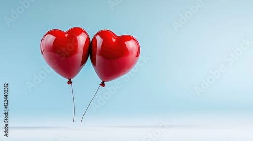 Two red heart balloons against a blue background; Valentine's Day card