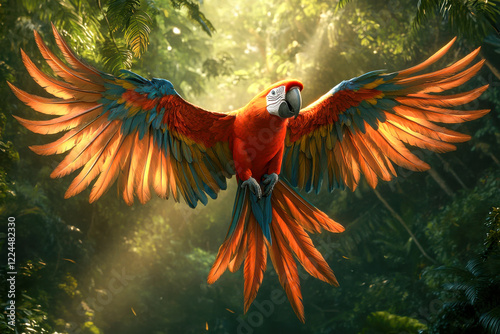 Vibrant macaw flying through a dense jungle canopy