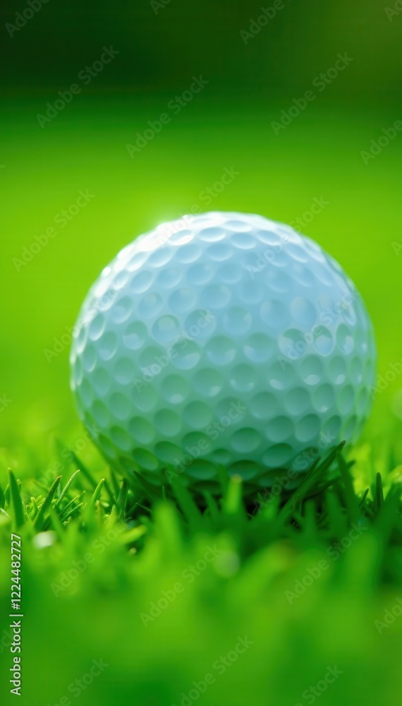 Close-up of pristine white golf ball on vibrant green grass , round, equipment Close-up of pristine white golf ball on vibrant green grass , round, equipment