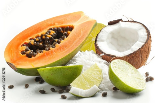 A vibrant arrangement of fresh papaya, coconut, and limes on a bright surface, capturing a tropical essence at midday isolated on transparent background photo