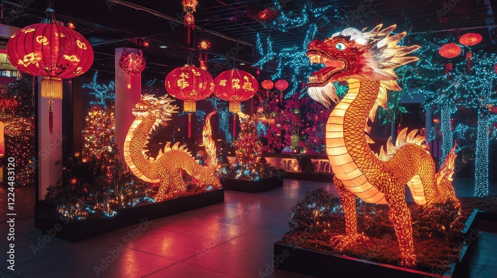 Obraz premium A cyberpunk-inspired Chinese New Year scene with glowing lanterns, robotic dragons, and augmented reality elements projecting blessings