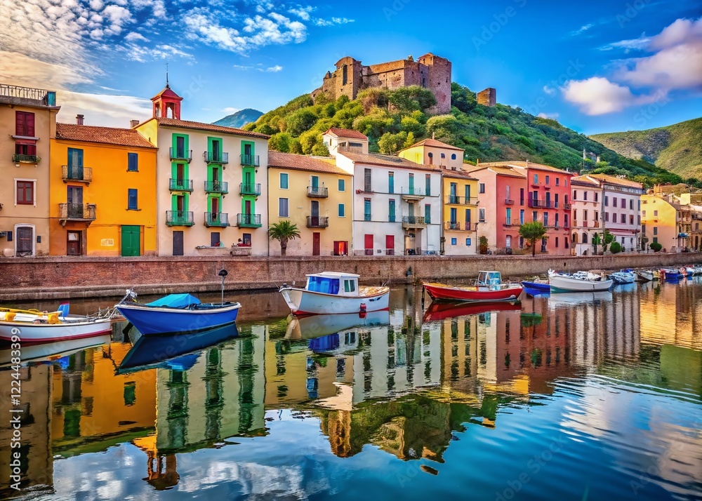 Obraz premium Charming Bosa, Sardinia: Colorful Houses, Boats & River - Italian Coastal Town