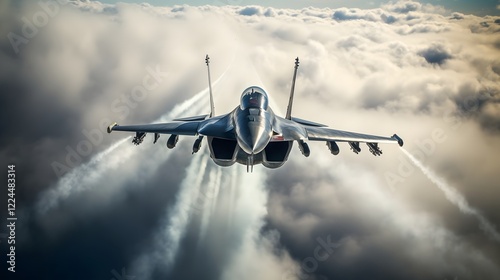Powerful military fighter jet performing a dramatic vertical climb maneuver with a trail of exhaust against a vibrant blue sky with wispy clouds showcasing the aircraft s speed agility