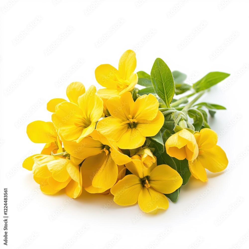Naklejka premium Bunch of vibrant yellow flowers with green leaves on a clean white background studio shot