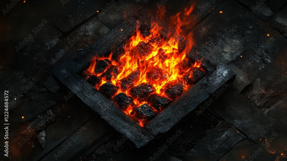 54.A charcoal grill with visible flames and glowing embers, sitting on a dark wooden board table, the contrast between the fire and the dark surface creating a dramatic effect.