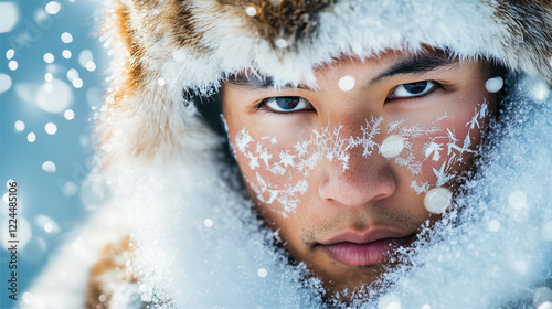 Close up portrait of an Inuit Tribe member, focusing on his expressionless face and details of his traditional costume, frozen ice background with sparkling snow. photo