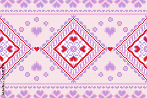 Pastel Sweet Purple Heart Cross Stitch Square Ornament Pattern. Cutie Pastel Neatly Arranged Embroidery Handicraft Border Elaborate Modern Homespun Detailed Stripe Decoration Geometric Adorable Design