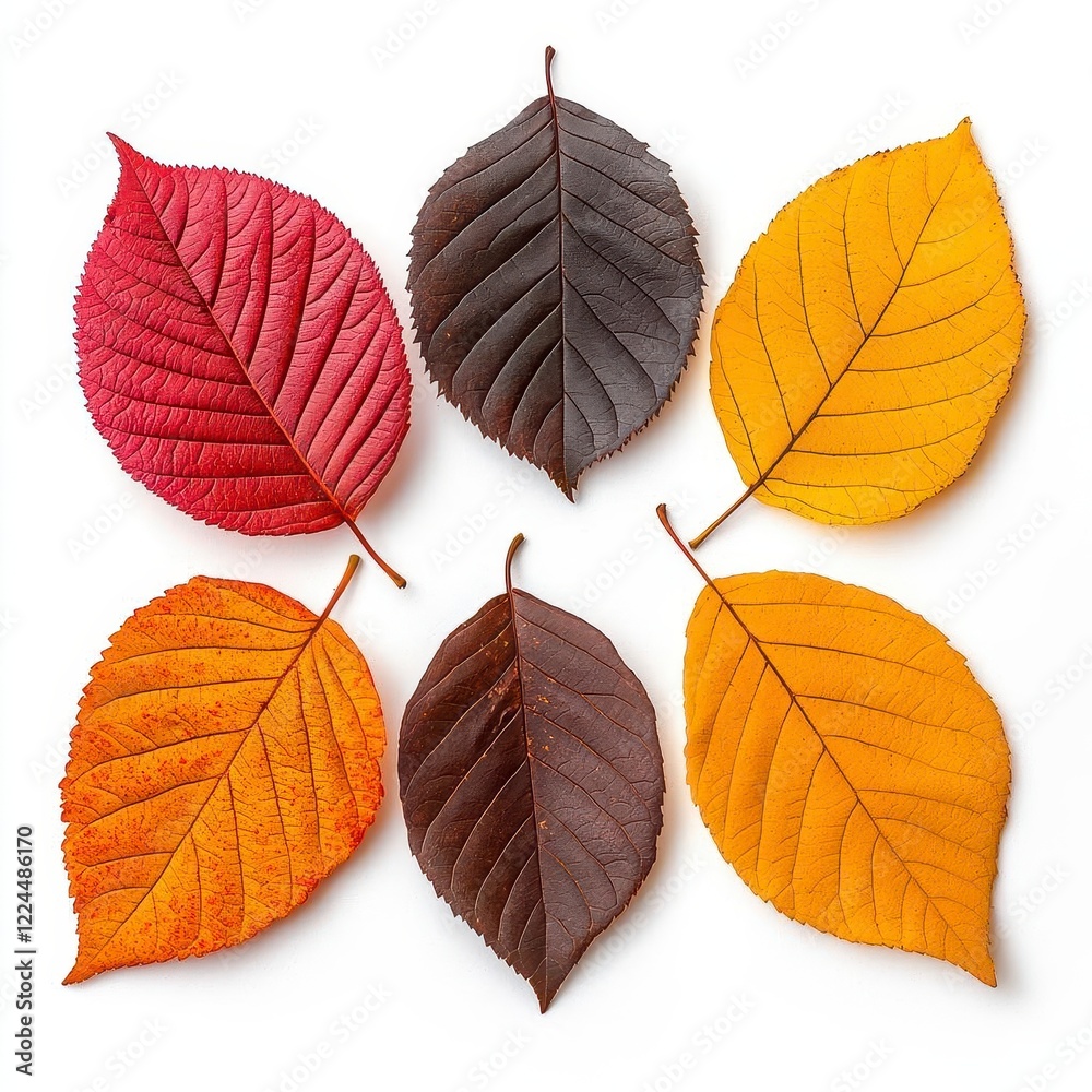 Obraz premium A photostock of vibrant autumn leaves in orange, red, and yellow hues, scattered on a white background, representing the beauty of fall. High Quality