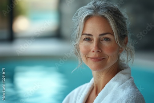 Free Download portrait of elegant caucasian woman 60 years old in white bathrobe on pool background, wellbeing, vacation, spa - GFXLoad