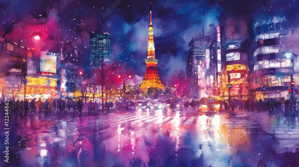 Obraz premium Vibrant watercolor painting of Tokyo at night