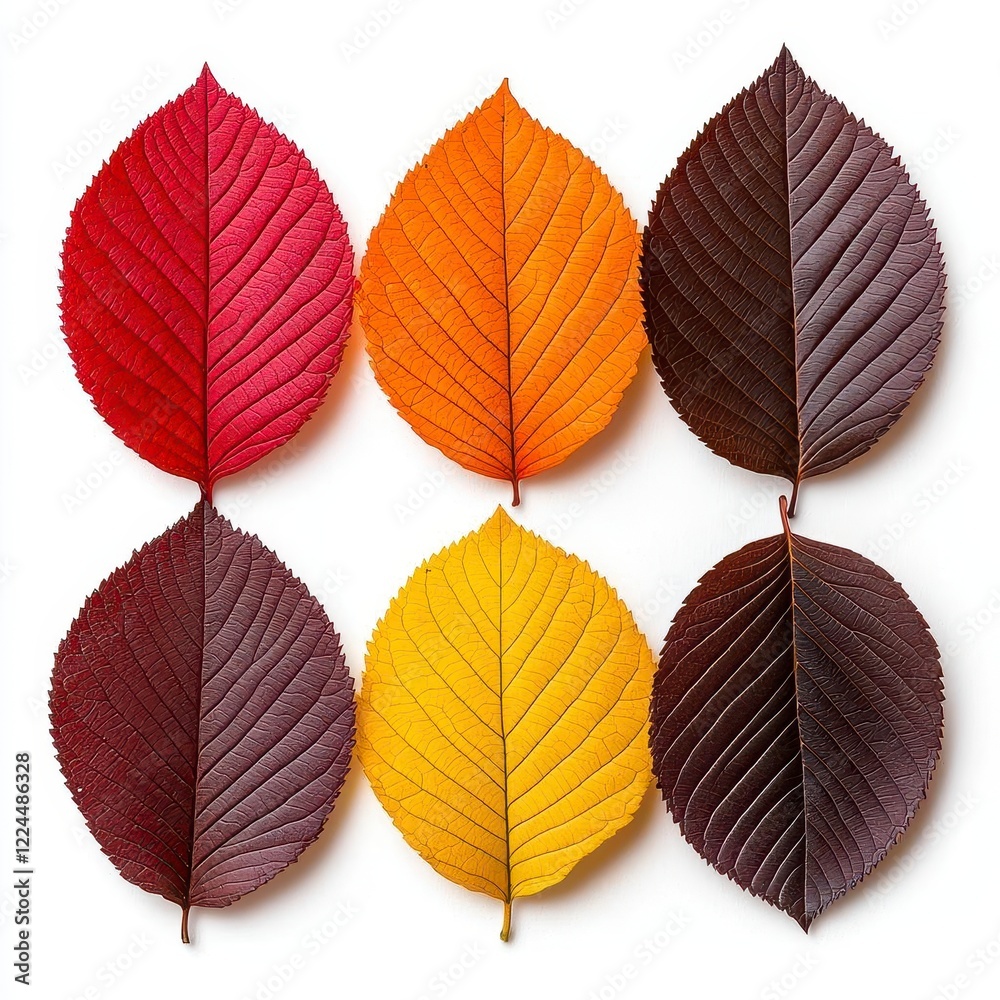 Obraz premium A photostock of vibrant autumn leaves in orange, red, and yellow hues, scattered on a white background, representing the beauty of fall. High Quality