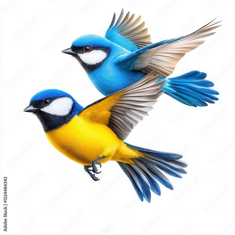 Obraz premium A photostock of vibrant blue and yellow birds in flight, isolated on a white background, capturing motion and grace in a minimal style. High Quality