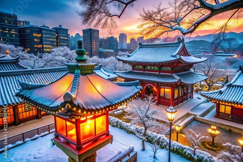 Charming Winter Lantern at Jogyesa Temple, Seoul, South Korea - Aerial View photo