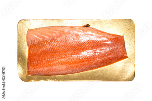 Lightly salted trout in vacuum packaging on a white background.Trout fillet.A piece of lightly salted trout fillet.Red fish for sandwiches.