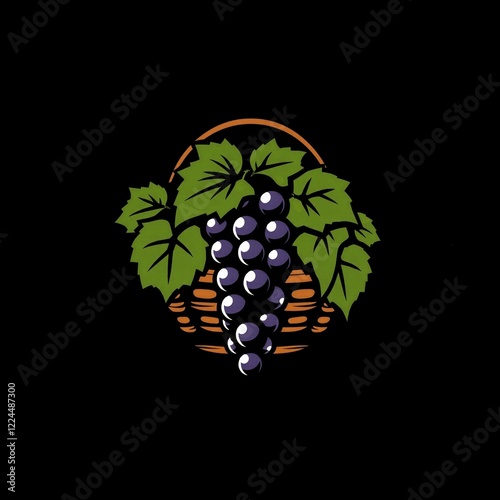 Vintage grape basket emblem with green leaves on black background, traditions, harvest, vine, Bulgarian national custom, winemaking, Labour Day, logo, emblem, still life,traditions, harvest, vine, Bul photo