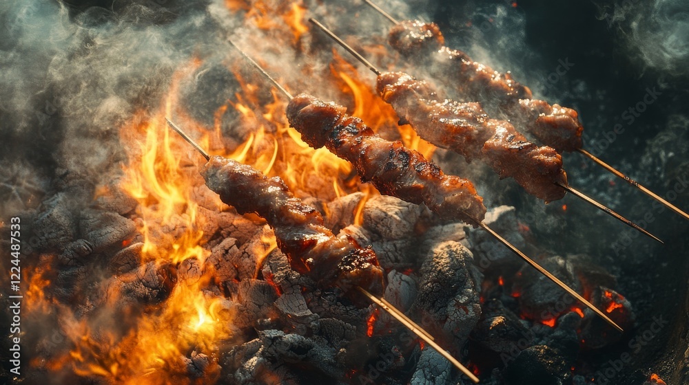 19.Juicy meat skewers grilling over a charcoal fire, with smoke rising and the rich glaze on the meat glistening under bright sunlight. 19.Juicy meat skewers grilling over a charcoal fire, with smoke rising and the rich glaze on the meat glistening under bright sunlight.