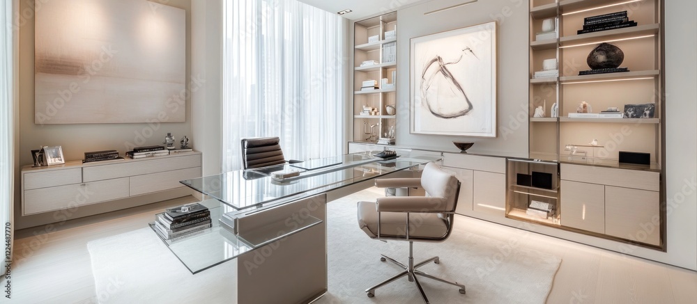 Sleek minimalist office featuring a large glass desk and open layout in neutral tones Sleek minimalist office featuring a large glass desk and open layout in neutral tones