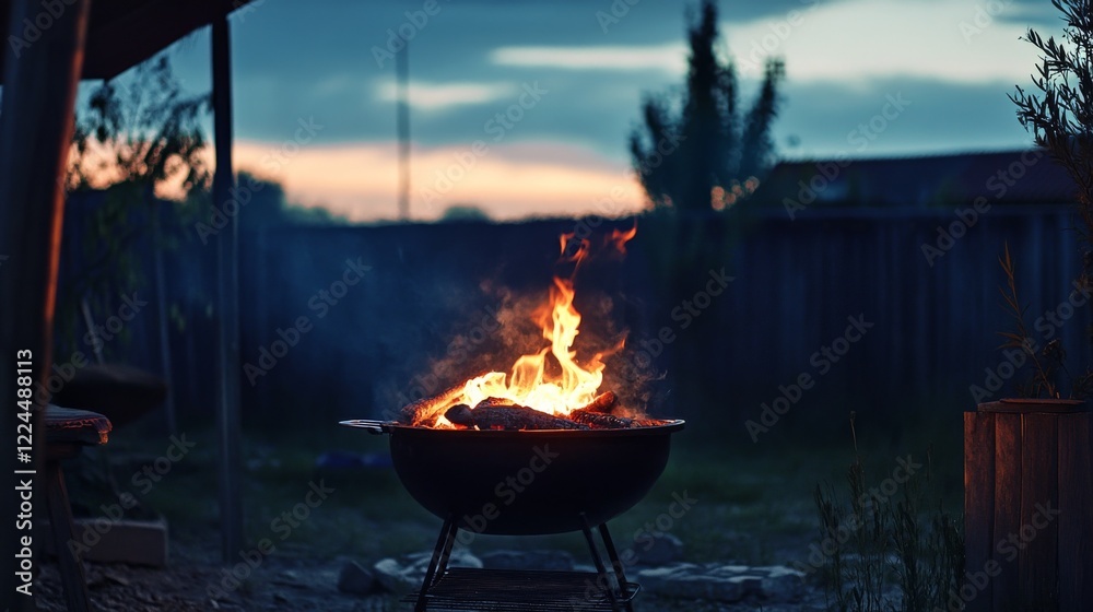 30.An outdoor scene featuring a barbecue grill with burning coals, bright flames illuminating the dark blue hues of an evening sky as dinner preparations begin. 30.An outdoor scene featuring a barbecue grill with burning coals, bright flames illuminating the dark blue hues of an evening sky as dinner preparations begin.