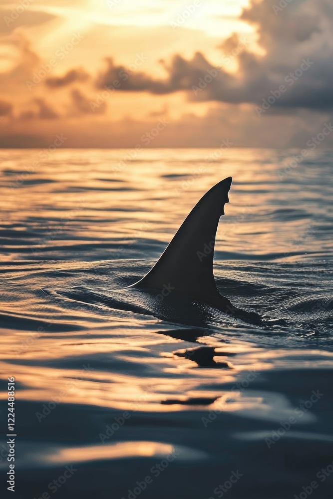 Fototapeta premium A lone shark fin slices through tranquil ocean waters under a dramatic sunset sky, creating a sense of mystery and adventure.
