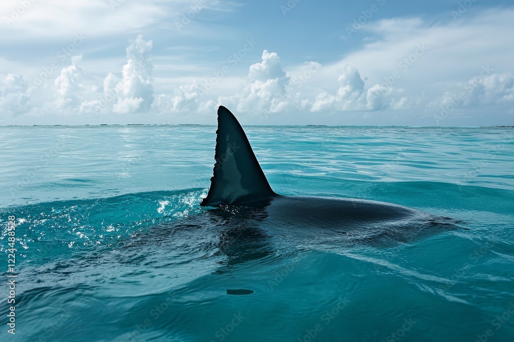 Fototapeta premium A shark's dorsal fin slices through the calm ocean, symbolizing marine life and adventure under a clear blue sky.