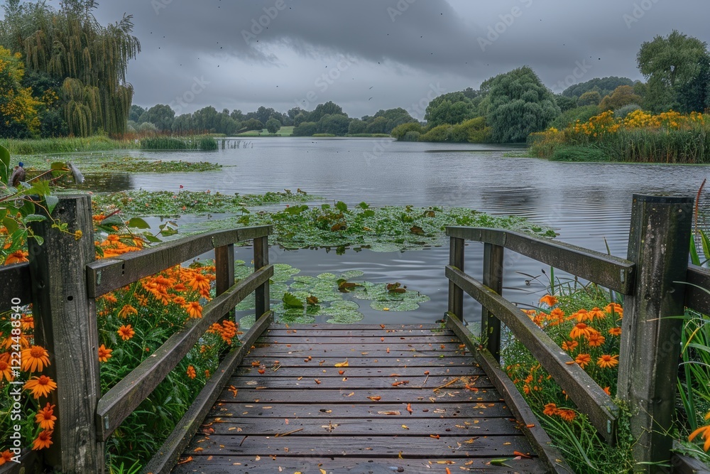 Fototapeta premium Serene Autumn Lake with Wooden Dock and Orange Flowers