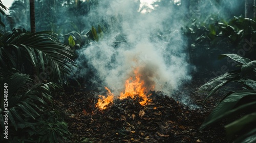 1.A pile of dry leaves burning in a garden area, with thick gray smoke rising into the sky, surrounded by lush green plants and a slightly overcast atmosphere.