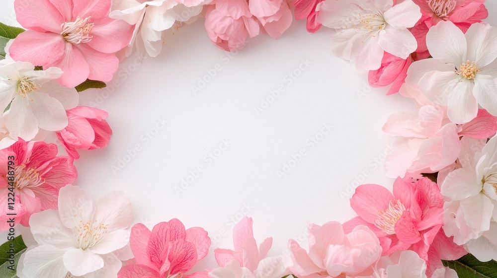 Pink flower frame, white background, spring blossom, greeting card design Pink flower frame, white background, spring blossom, greeting card design