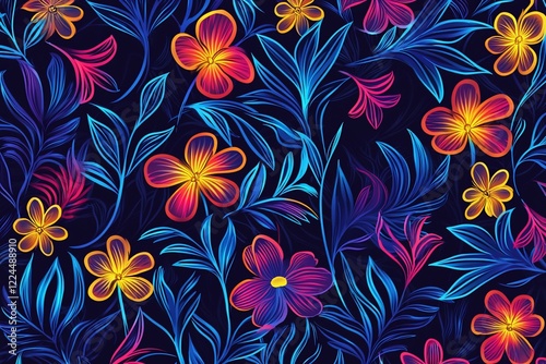 Vibrant floral pattern with colorful flowers and leaves on a dark background, perfect for design use photo