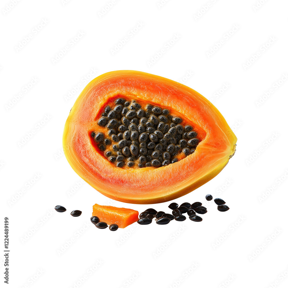 Halved Papaya with Seeds Isolated on Transparent Background Halved Papaya with Seeds Isolated on Transparent Background
