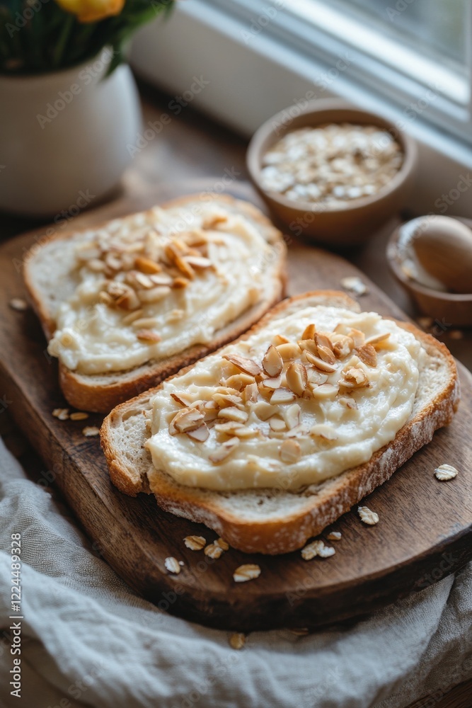 Delicious Almond Butter Toast with Sliced Almonds and Oats on Rustic Wooden Board by Sunlit Window Delicious Almond Butter Toast with Sliced Almonds and Oats on Rustic Wooden Board by Sunlit Window
