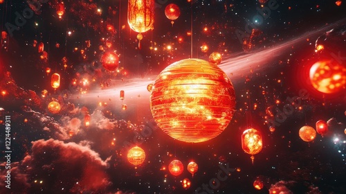 A mesmerizing outer space Chinese New Year scene with planets orbiting a massive glowing lantern, creating a cosmic festival of lights photo