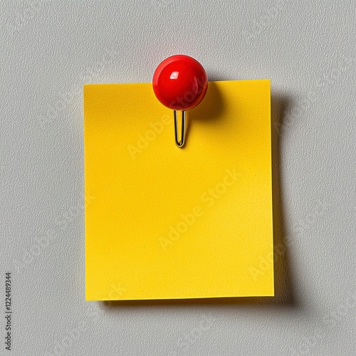 A bright yellow sticky note with a red pushpin attached, placed against a clean background. High Quality