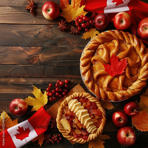 Autumnal apple pies, Canadian flag, wood background