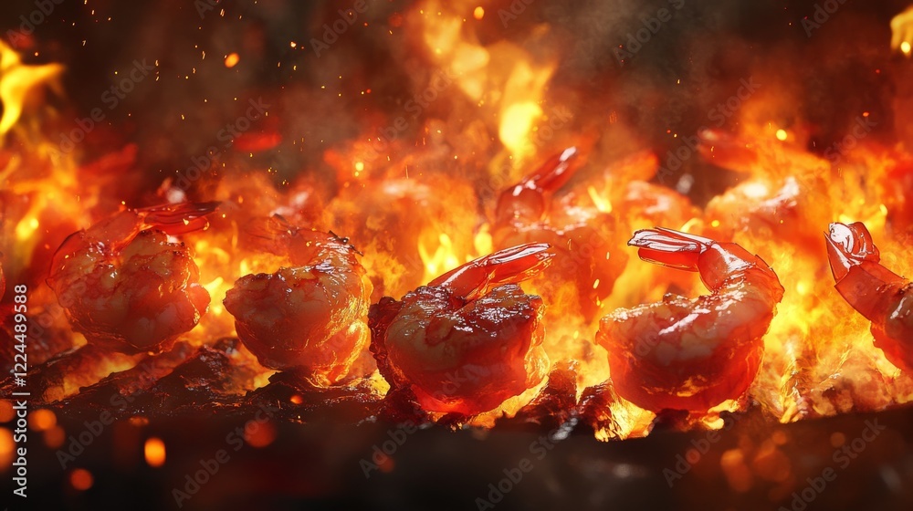 69.A sizzling BBQ scene showing shrimp on the grill, each piece glistening with marinade, turning a rich reddish-pink as flames dance around them. 69.A sizzling BBQ scene showing shrimp on the grill, each piece glistening with marinade, turning a rich reddish-pink as flames dance around them.